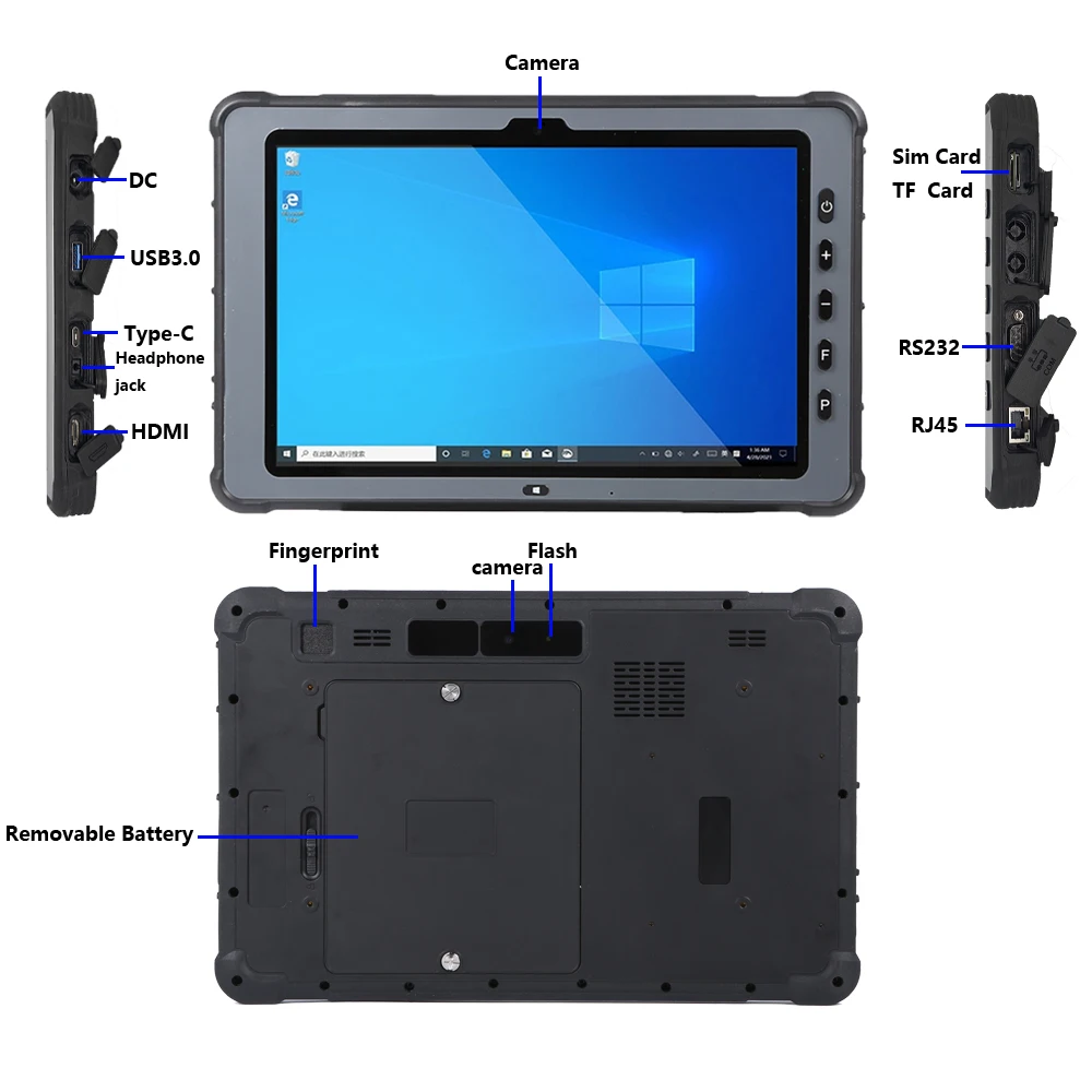 แท็บเล็ต Windows ที่ทนทานเกรดทหารแบบดั้งเดิมของ K10C 12th รุ่น10.1 "I7-1255U Intel รุ่น16GB RAM fieldwork RJ45