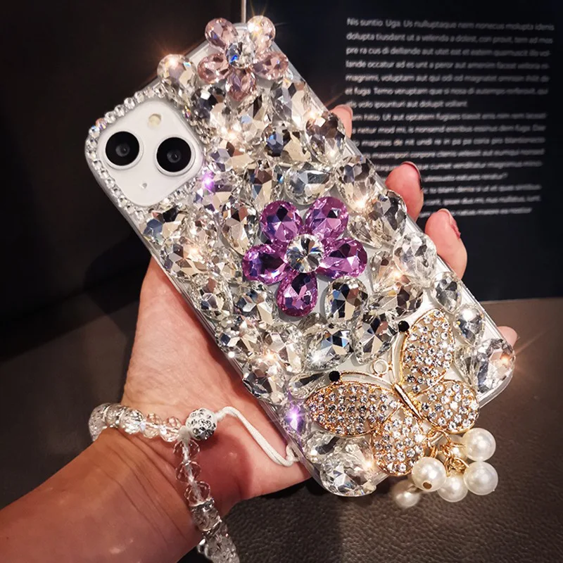 Bling Diamond Jewelry Phone Cases, Pink and Silver, Chain Bracelet for Xiaomi Redmi 9A 9C Note8 9Pro Note10S Note11 Pro 12Pro