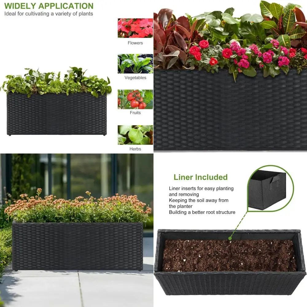 

Large Rectangular Wicker Planter Box for Outdoor Plants with Removable Liner, Suitable for Indoor and Outdoor Use, Black, 30x12x