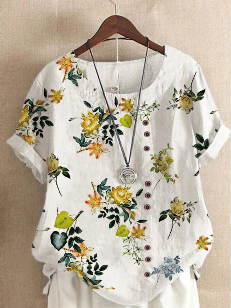 Summer O-Neck Short Sleeve Floral Print Loose Women\'s Blouse Retro Top 2024 Fashion Women Buttons Korean Style Casual Shirts