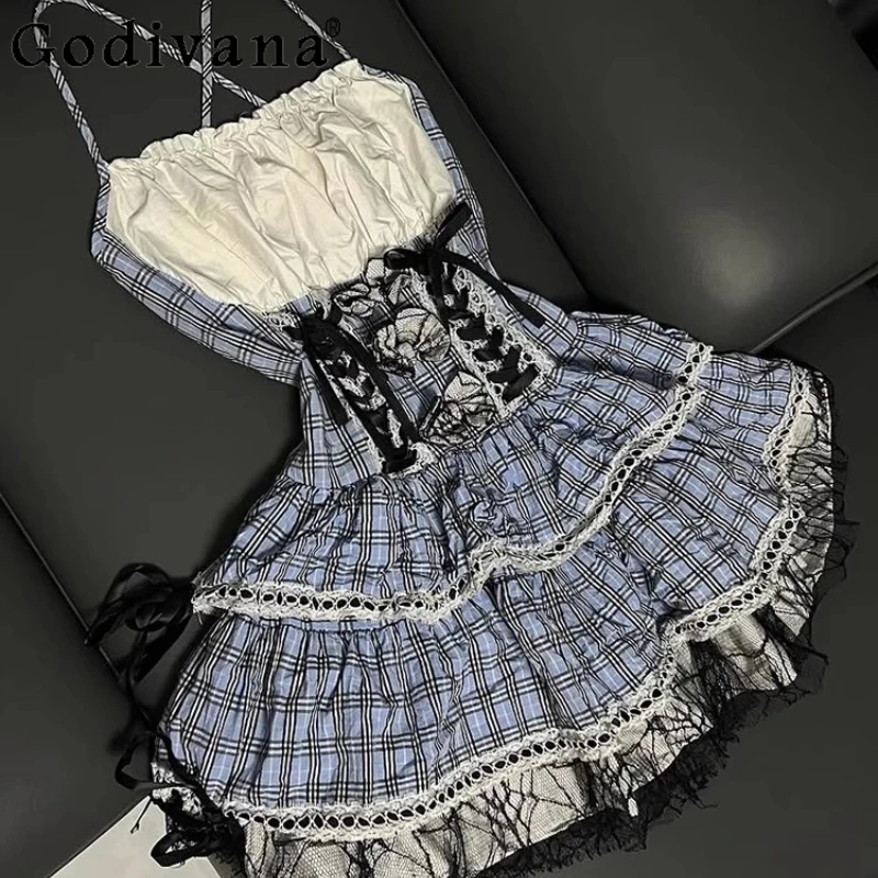 

Beautiful Girls Japanese Style Dress Original Retro Unique Waist Cinching Dress Women Sweet Blue Plaid Strap Stunning Dress