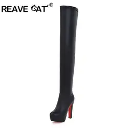 REAVE CAT Shoes Sexy Platform Boots Over the Knee 13cm Block Heels stivaletti neri High Party Club Big Size 45 46 47 48