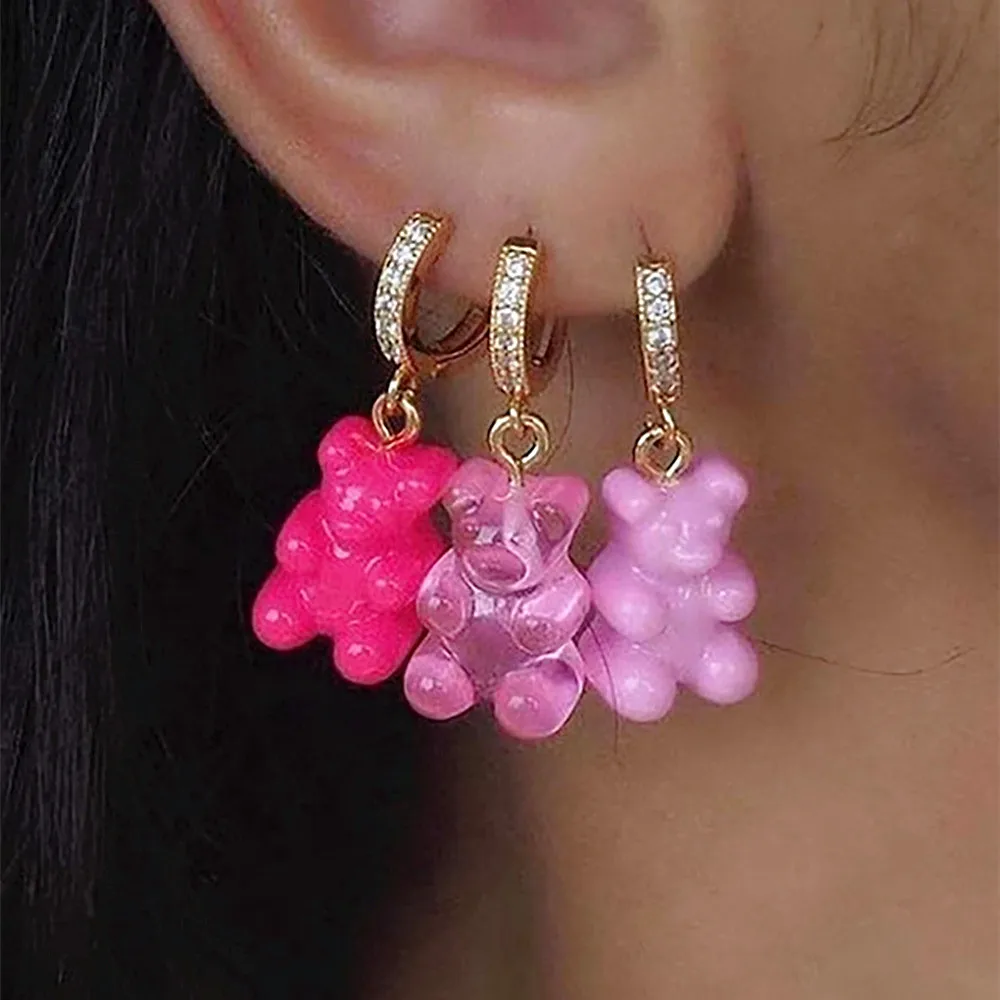 Rainbow Resin Gummy Bear Zircon Dangle Earrings for Women Girls Gold Color Cartoon Animal Teddy Bear Hoop Drop Earring Jewelry