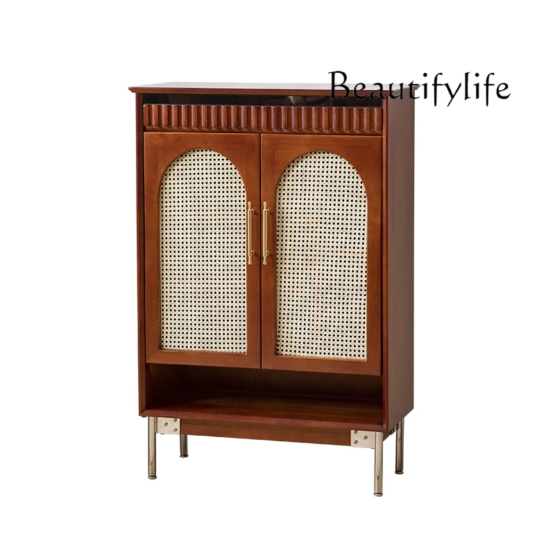 

Nordic Solid Wood Retro Shoe Cabinet Small Apartment Living Room Lobby Entrance Cabinet Rattan Large Capacity Shoe Rack