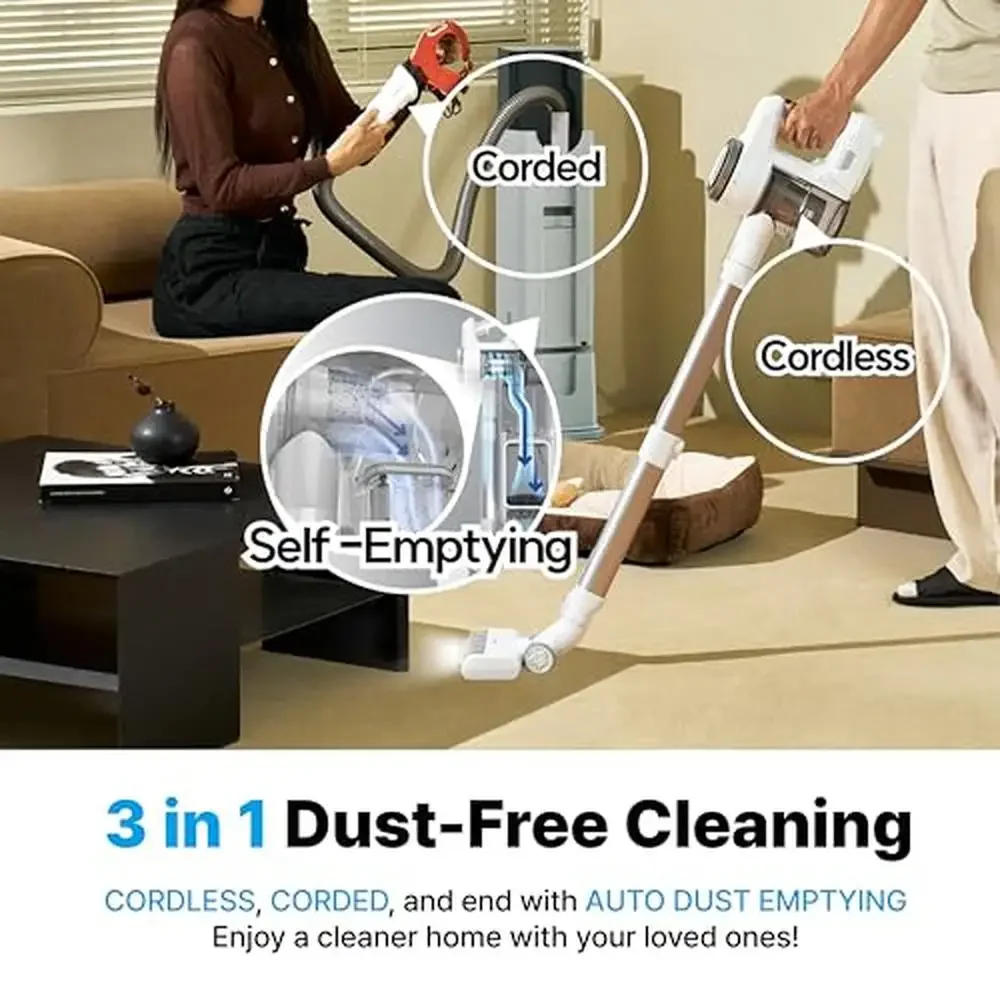 Self Emptying Cordless Vacuum Cleaner Auto Battery Charge Powerful Stick Cleaning Tower Dual Clean Solution Bedding and Carpet