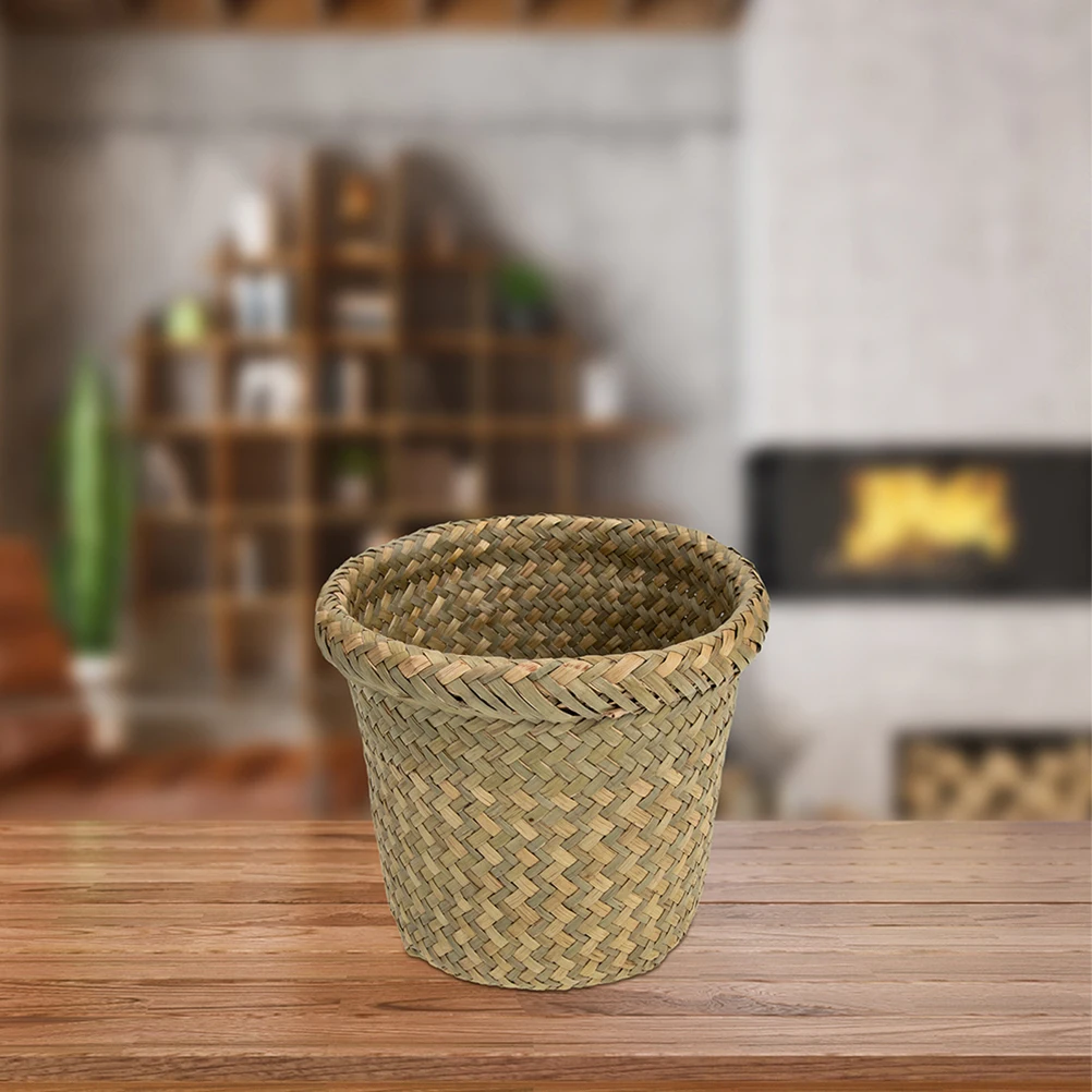 

Woven Baskets Braided Trash Can Bathroom Wicker for Mini Laundry Garbage Khaki Wastebaskets Home Container Weave Office
