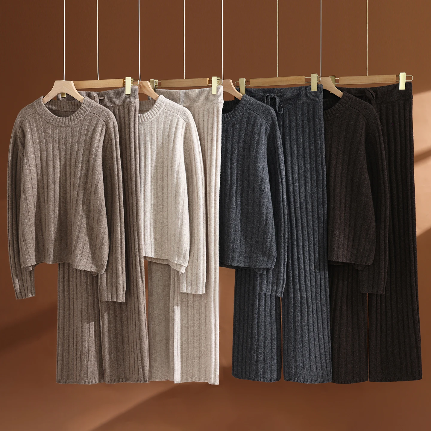 Relaxed Saddle Shoulder Round Neck Sweater Drawstring Pants Soft Warm Women Merino Wool Sweater Tracksuit Loose Rib Knit Outfit