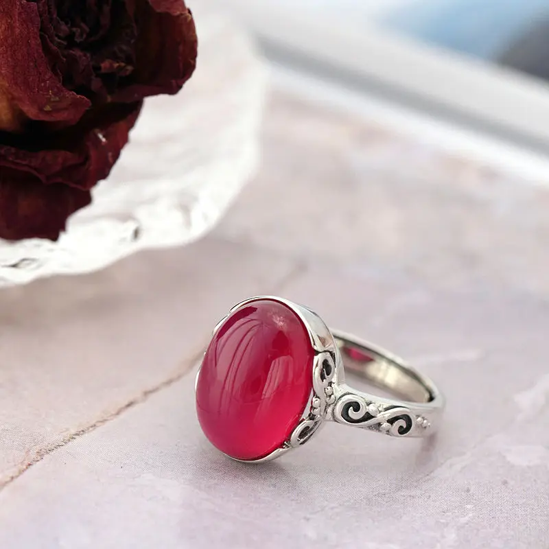 

Vintage Elegant Style 925 Sterling Silver Rings Inlaid Artificial Ruby Opening Adjustable Ring Lady Delicate Jewelry Gift