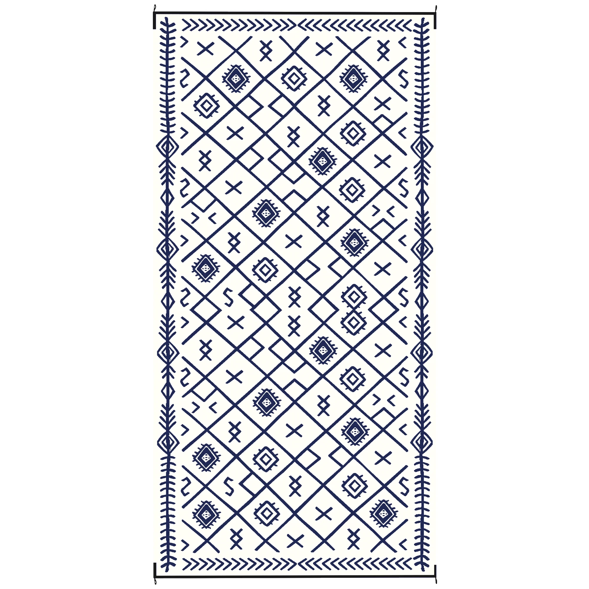 Reversible Outdoor Rug, Waterproof Plastic Straw with Carry Bag, 9' x 18', Blue & White Rhombus