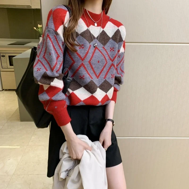Roter Argyle Strick pullover Frauen O-Ausschnitt lose lässige Pullover Herbst Winter Mode warme Langarm Freizeit Strick pullover