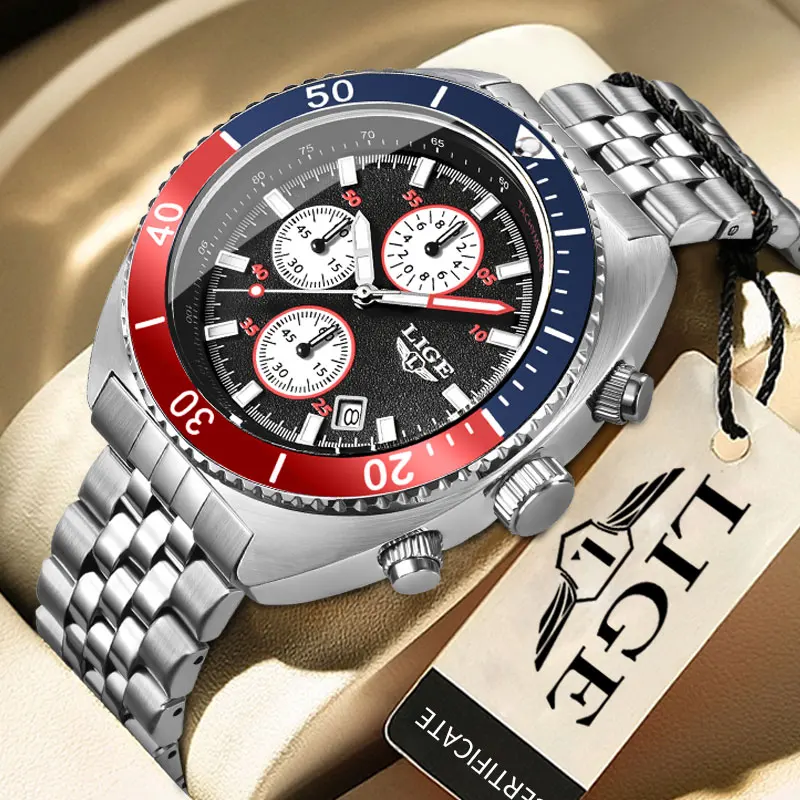 

LIGE Stainless Steel Band Quartz Man Watch Luxury Fashion Business Watch for Men Auto Date Rotating Bezel Waterproof Chronograph