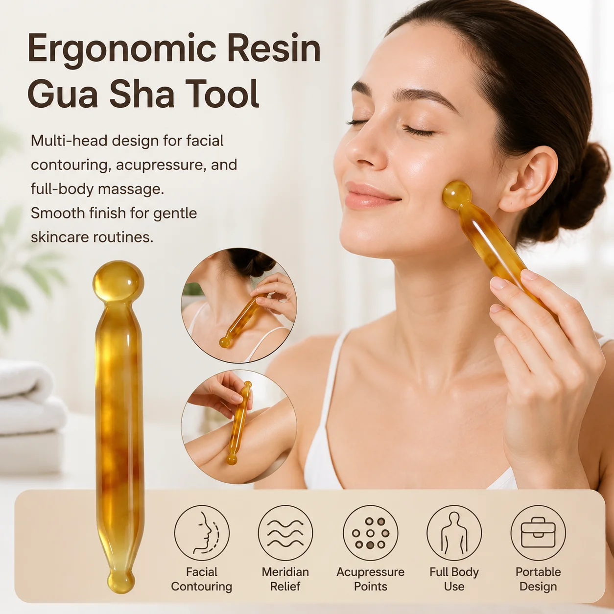 Facial Massager Stick Resin Acupressure Tool Smooth Rounded Heads Massage Stick For Full Body Portable Handheld Self Care Gadget