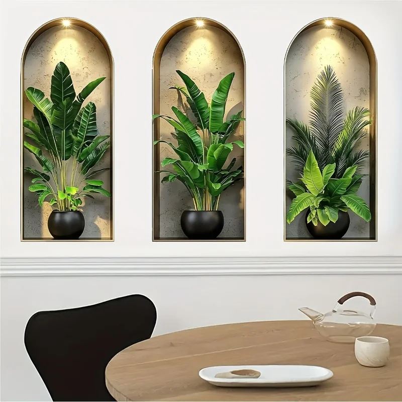 3D Watercolor Plant Wall Stickers - Realistic Potted Plants Decor, Self-Adhesive Vine Leaves For Living Room Bedroom Wall Decor