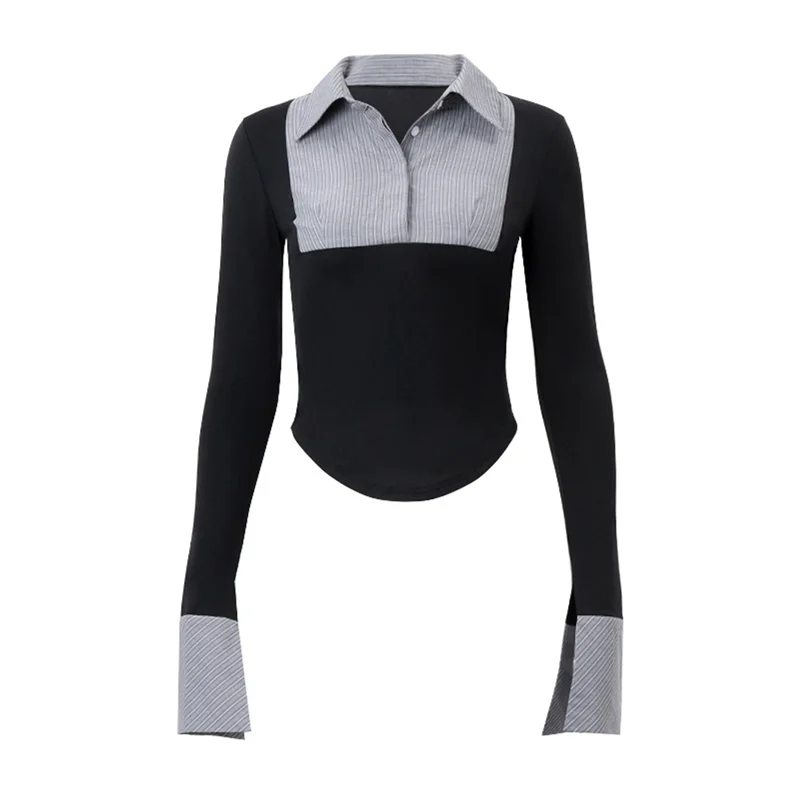 

FX-Women's Striped Button Front Collared Blouse Shirts Long Sleeve Slim Fit Asymmetrical Hem Work Tops