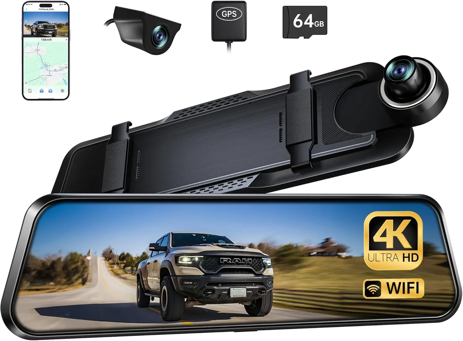 P10 Plus 4K Rear View Mirror Camera with ADAS, WiFi, GPS, 10' Display, 64GB Card, Night Vision