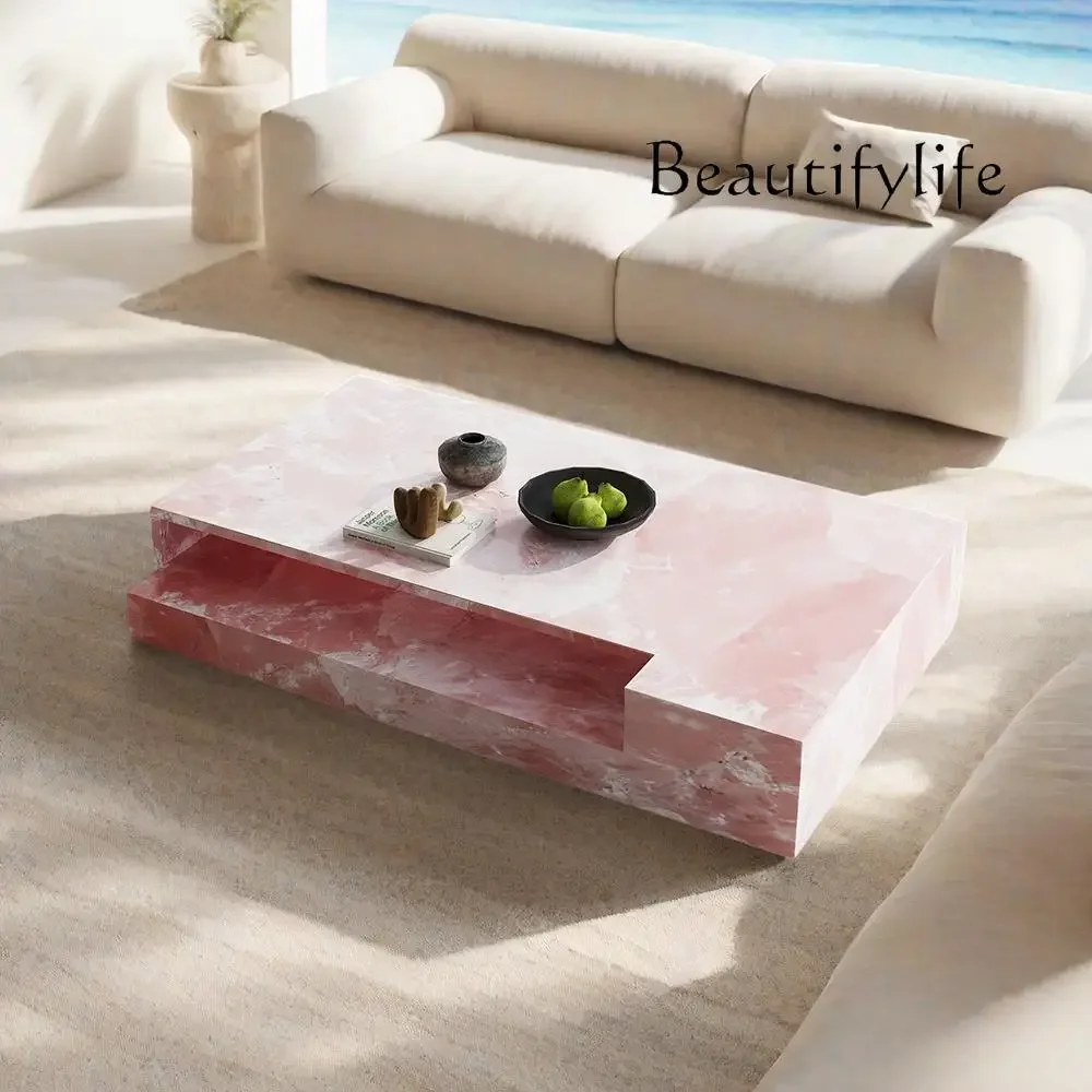 "Pink Jade Marble Coffee Table - Luxury Slate Stone Rectangular Designer Tea Table Custom Living Room Centerpiece"