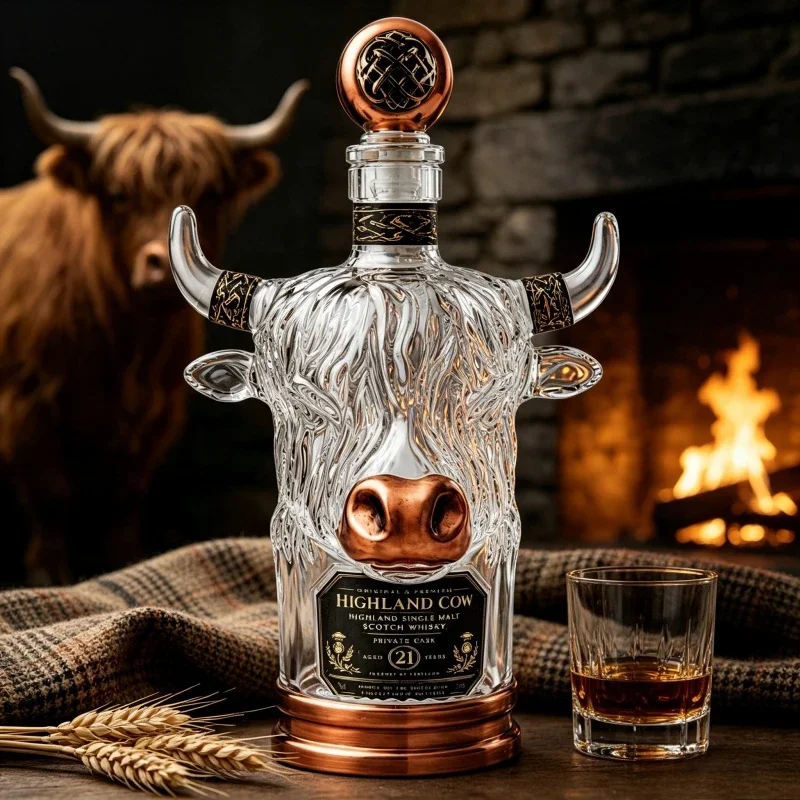 Highland Cow Shaped Glass Whiskey Decanter Bottle With Stopper Vintage Bull Design Liquor Container Unique Home Bar Decor