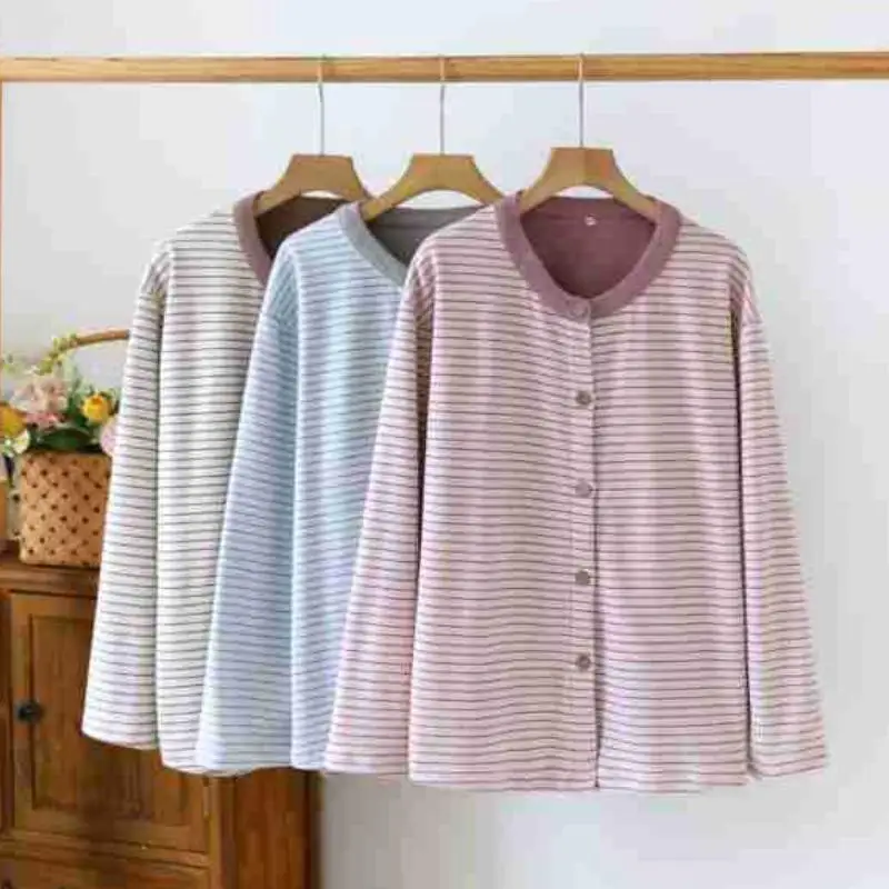 Autumn Winter New Women's Pajamas Korean Striped Simple Youth Casual Loose Home Clothes Student School Uniform Tops Comfortable