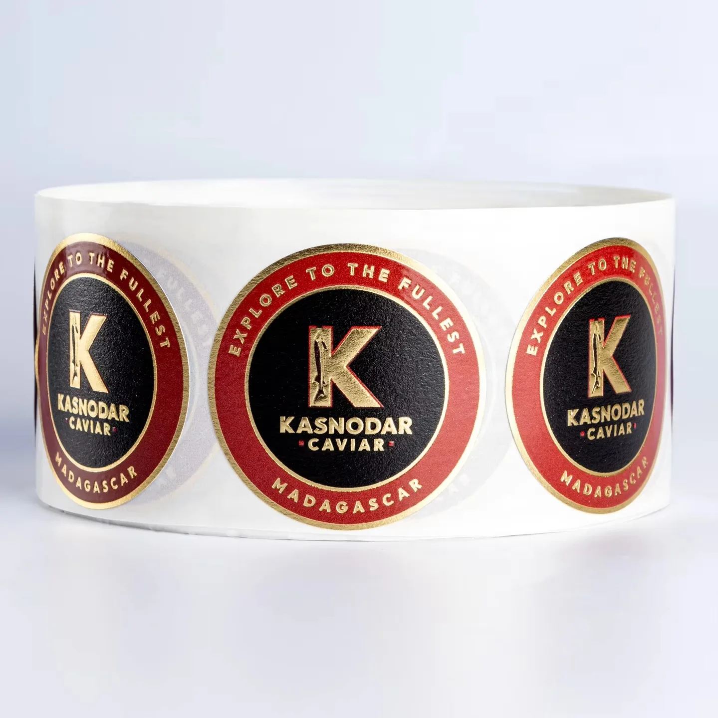 Luxury Caviar Container Labels | Custom High Round | Raised UV Spot & Gold Foil Embossed Stickers