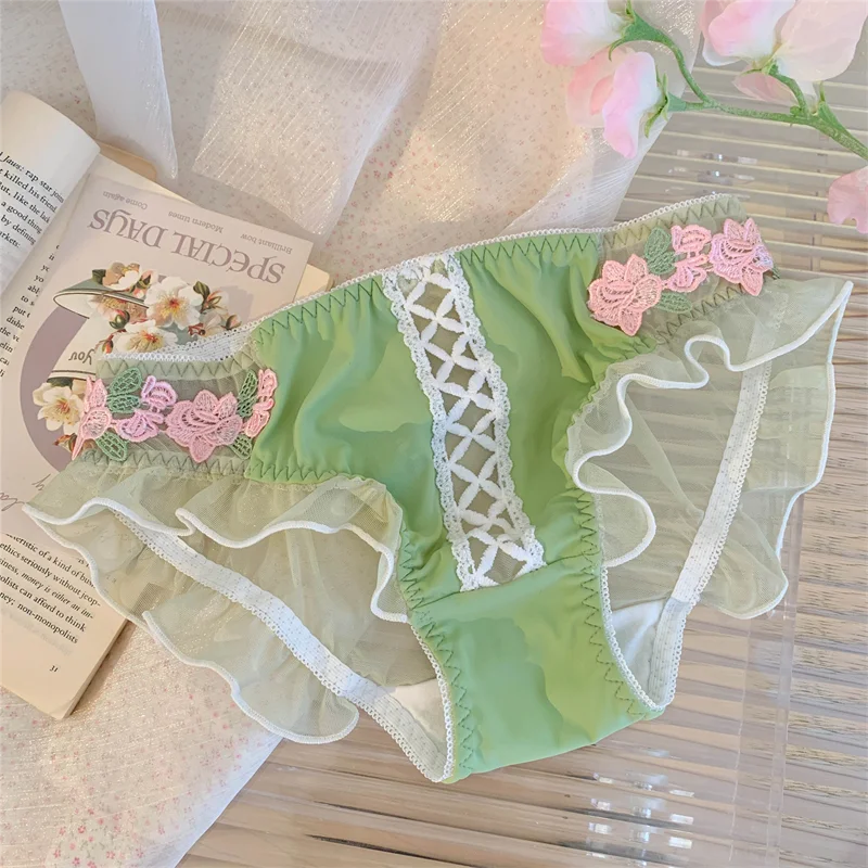 2 Pieces Cute Kawaii Lingerie Women Panties Japan G-string Embroidery Micro Panties Skeleton Seamless French Underwear Thong