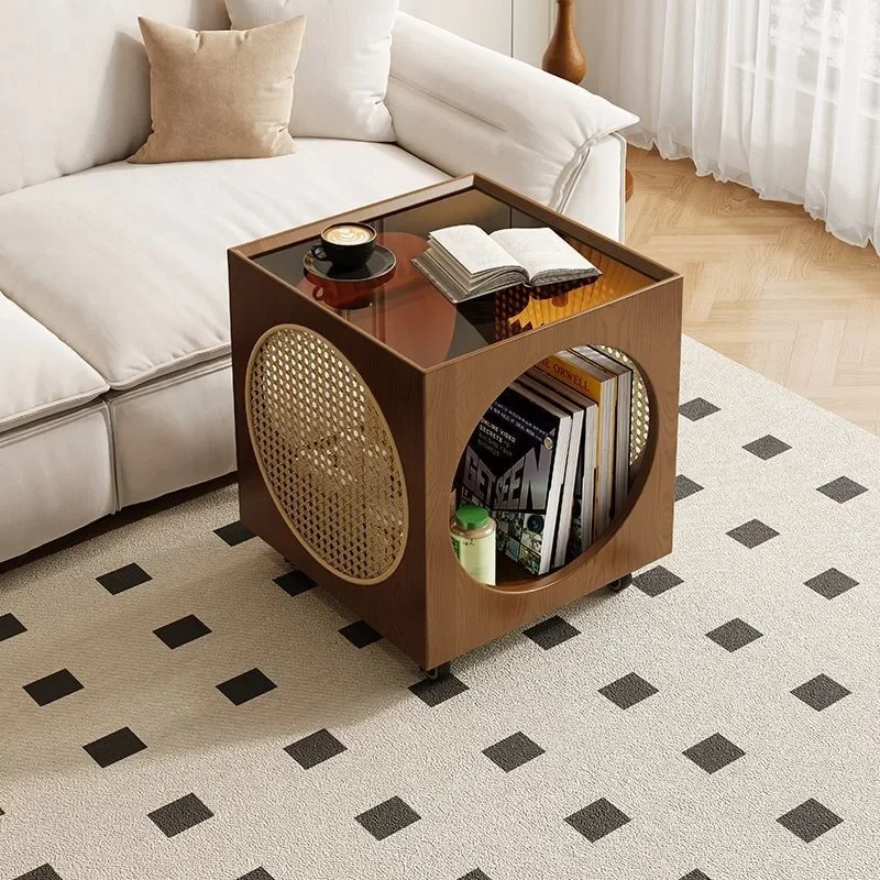 HT new Chinese-style solid wood edge few living room sofa locker removable tea cabinet rattan open storage cabinet