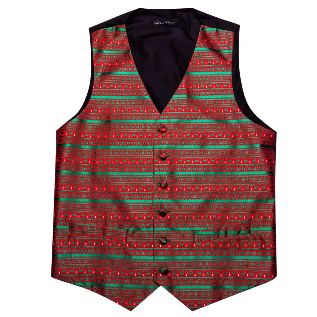 Designer Christmas Vest for Men Silk Red Green White Snowflake Elk Striped Waistcoat Tie Bowtie Set Happy Party Barry Wang