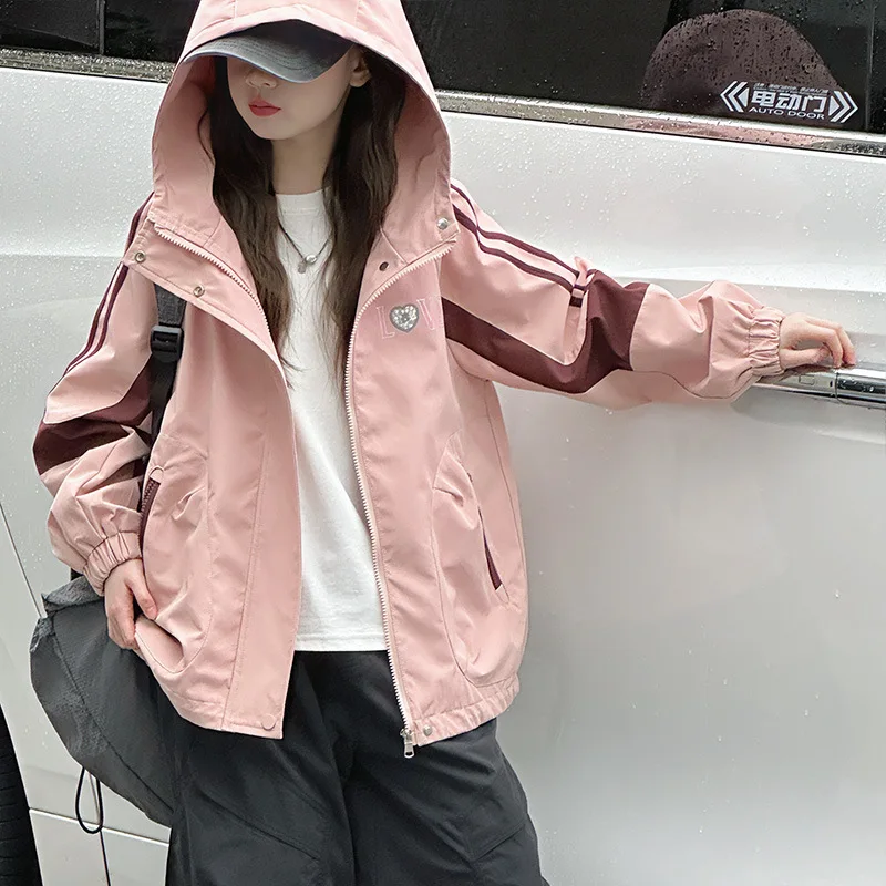 

Teenager Girls Short Coat Autumn Striped Patchwork Children Girls Hodded Windbreaker Zipper Long Sleeves Kids Girls Jacket