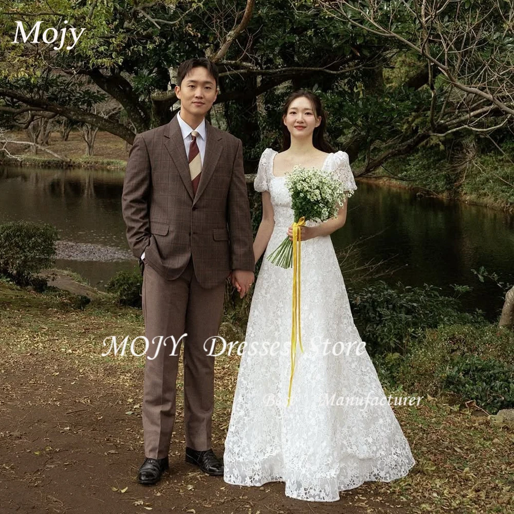 

Mojy Элегантное корейское свадебное платье трапециевидной формы с квадратным вырезом на заказ, полностью кружевное платье невесты с короткими рукавами, корсет, свадебное платье с открытой спиной