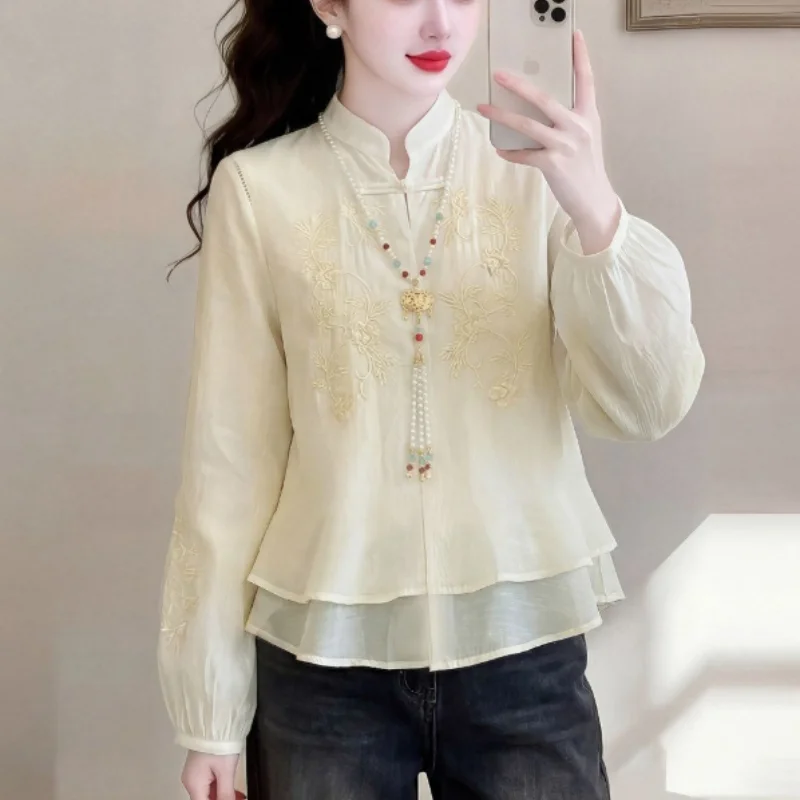 Puff Sleeve Blouse - Chinese Shirt Embroidered Blouses Female Shirt