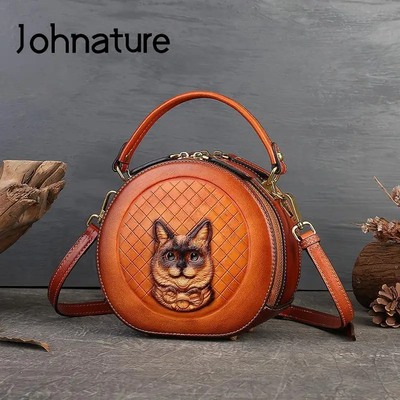 Johnature 2024 New Retro Genuine Leather Women Bag Hand Made Animal Pattern Embossing Handbag Real Cowhide Shoulder Bags