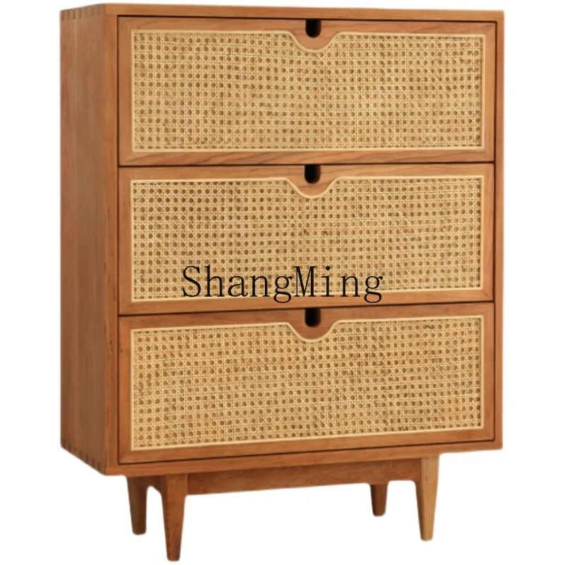 

ZJH solid wood rattan chest cabinet simple living room side cabinet bedroom bedside three four six nine bucket drawer storage