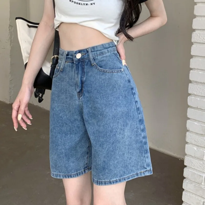 

High Waist Wide Leg Denim Shorts Women's Summer Thin Large Size Loose Slimming Straight Five-Quarter Hot Pants