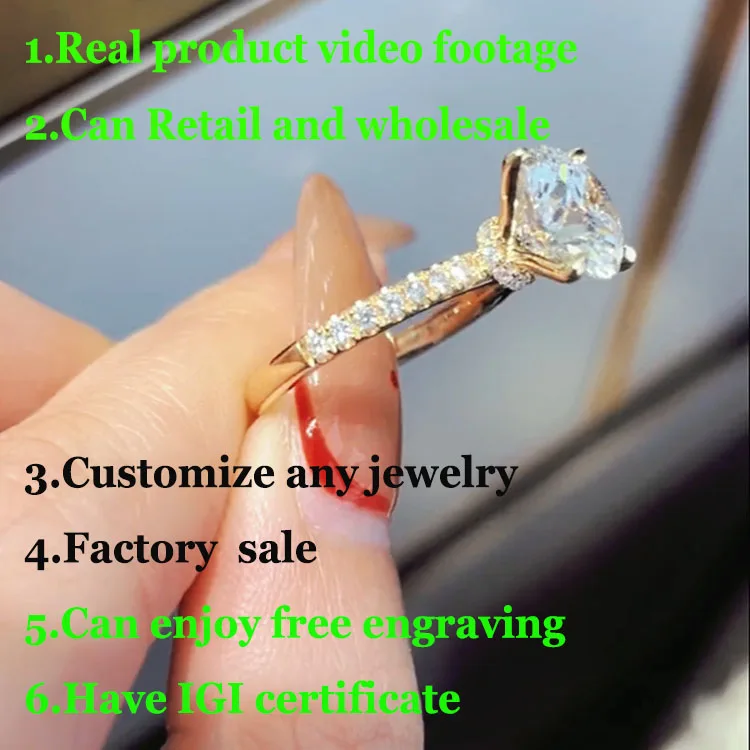 

Настоящее продукт видео IGI Lab Growing Diamond Ring Круглый цвет D 1, 2, 3 карата, твердое кольцо из желтого золота 14 карат, обручальное кольцо, сделанное на заводе
