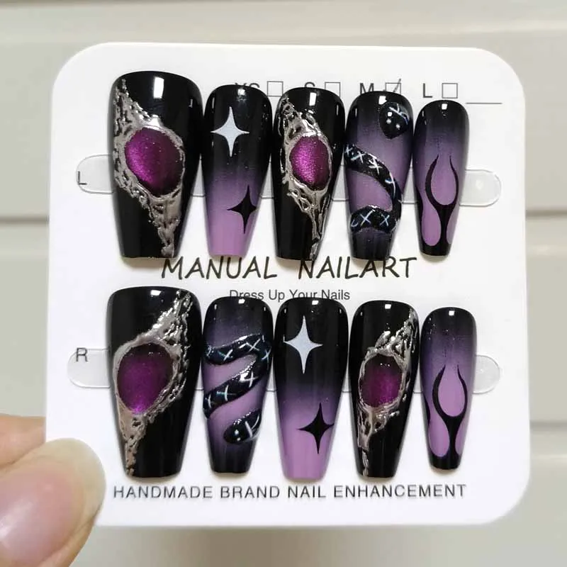 10 Pcs Women Y2k Style High End 3D Relief Black Purple Pless on Nails Nail Plates Cute Cartoon Teddy Bear Fake Nails Nail Art