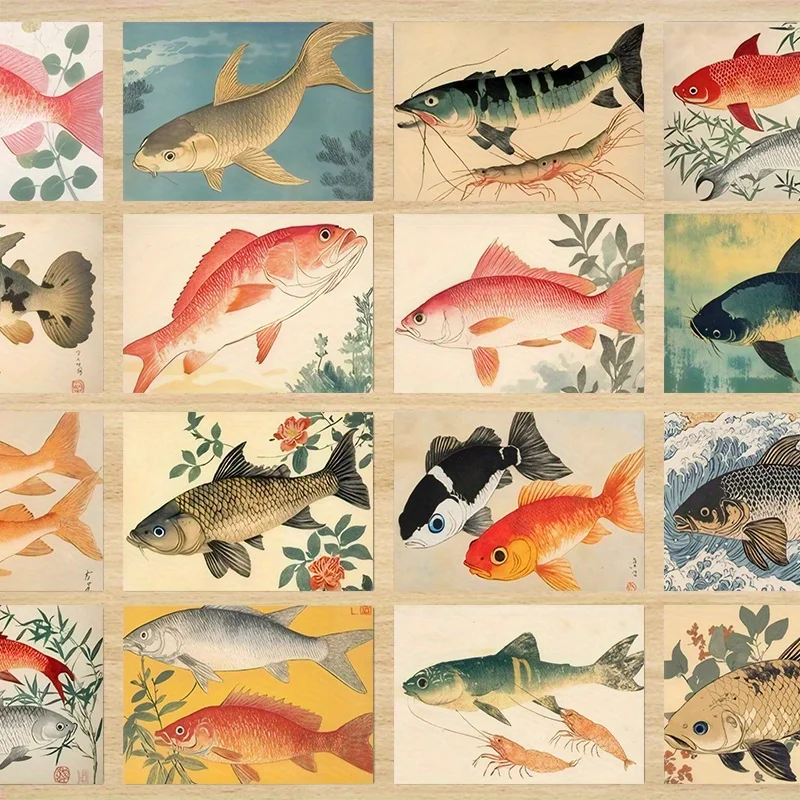 20PCS Vintage Japanese Ukiyo-e Art Postcards with Vibrant Fish Illustrations, Making Them An Ideal Choice for Home Decor