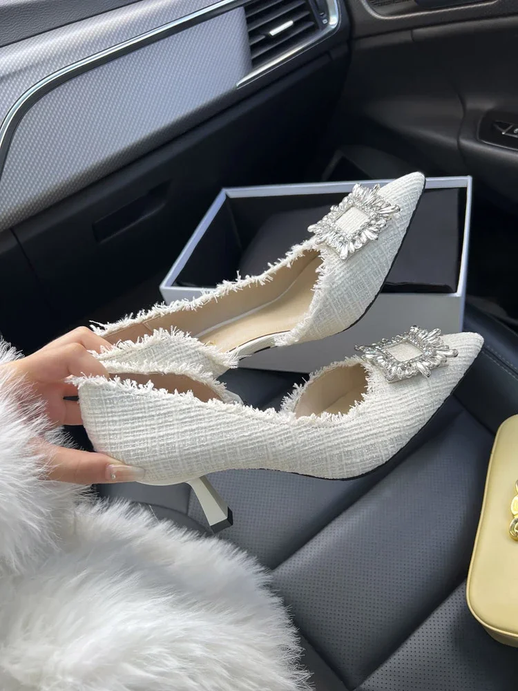 Décolleté da donna con strass di Design bianco primavera moda punta a punta femminile tacco alto poco profondo eleganti scarpe da lavoro da donna