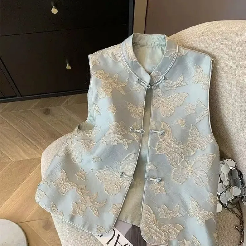 Women's Chinese Style Butterfly Embroidered Vest Mandarin Collar Frog Button Sleeveless Waistcoat