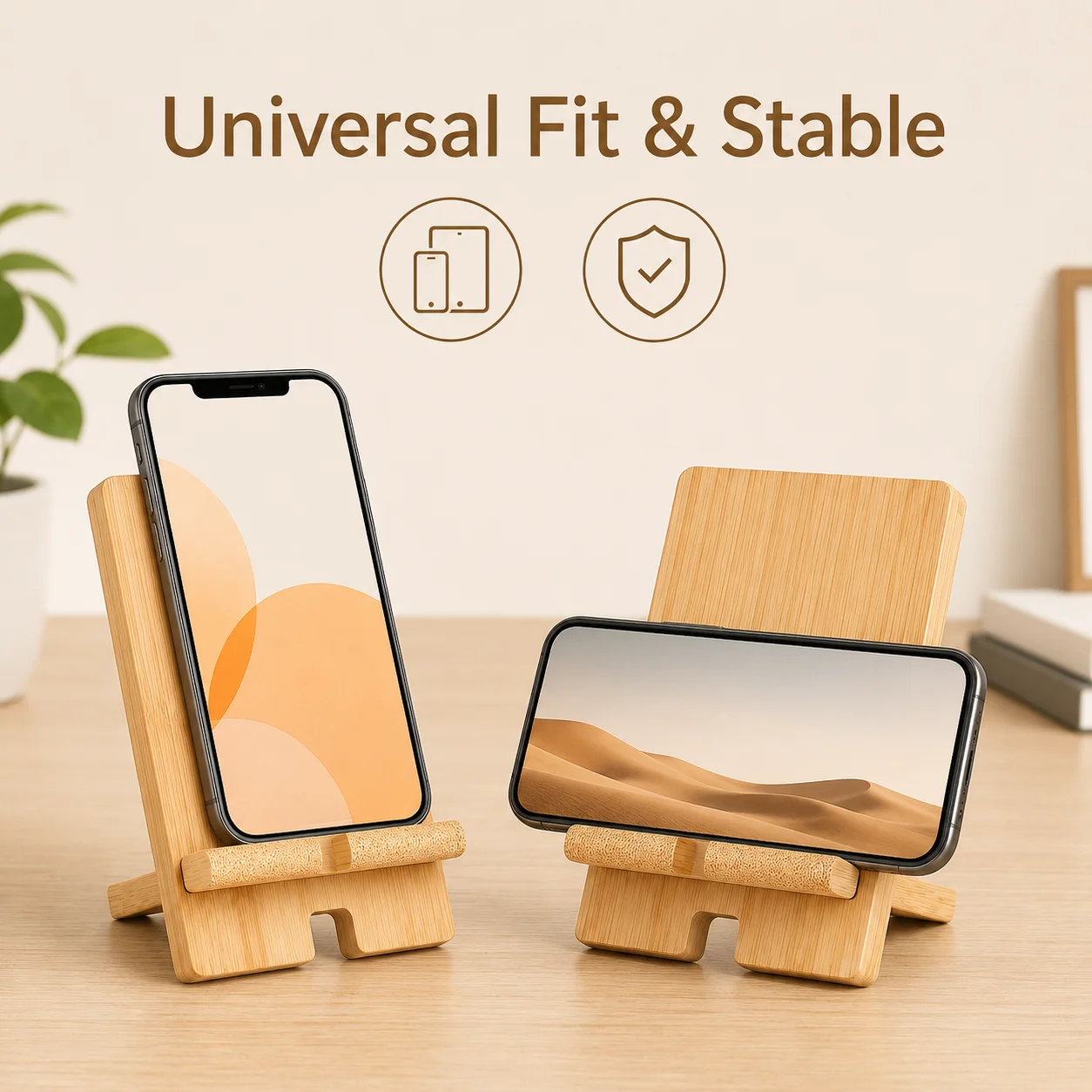 Wooden Bamboo Phone Stand Desktop Holder, Adjustable Tablet Dock Support for iPhone Samsung Universal Mobile Phone & Tablet, Des