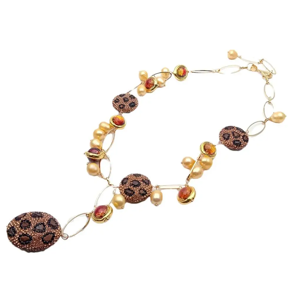 Y.YING Cultured Rice Pearl Murano Glass Tiger Eye Bead Necklace Women Jewelry