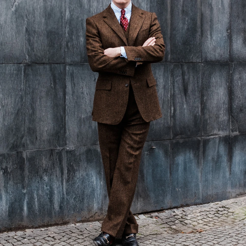 

Итальянский ретро-стиль, коричневый шерстяной костюм с узором «елочка», комплект из 2 предметов (куртка + брюки), деловой повседневный костюм, куртка, прямые брюки, костюм