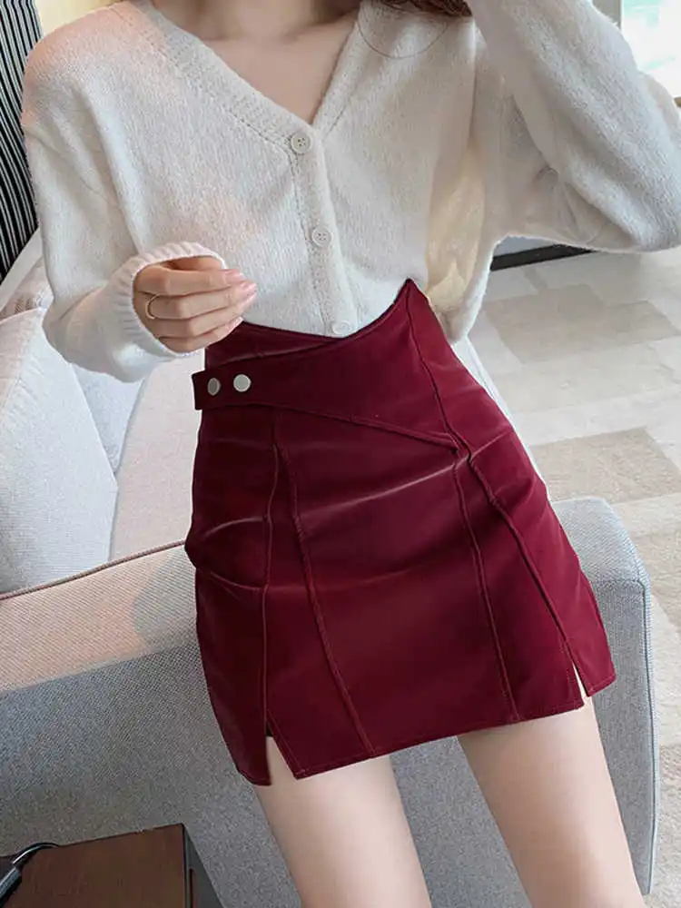 Wine Red PU Leather Half Skirt Women's Autumn Winter New High Waist Slimm A-line Hip Package Skirts Sexy Split Party Mini Skirt