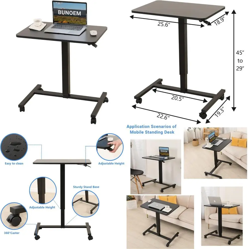 Height-Adjustable Mobile Standing Desk, 28x20 Pneumatic Laptop Table with Lockable Wheels and Gas Spring Lift
