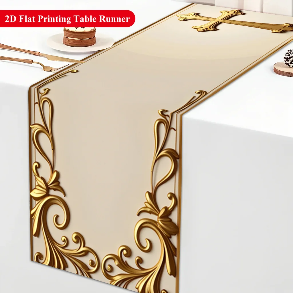 Embossed Gold Cross Design Table Runner - Rectangular Table Cover for Banquet, Party Gifts, Dining Room & Coffee Table Decor