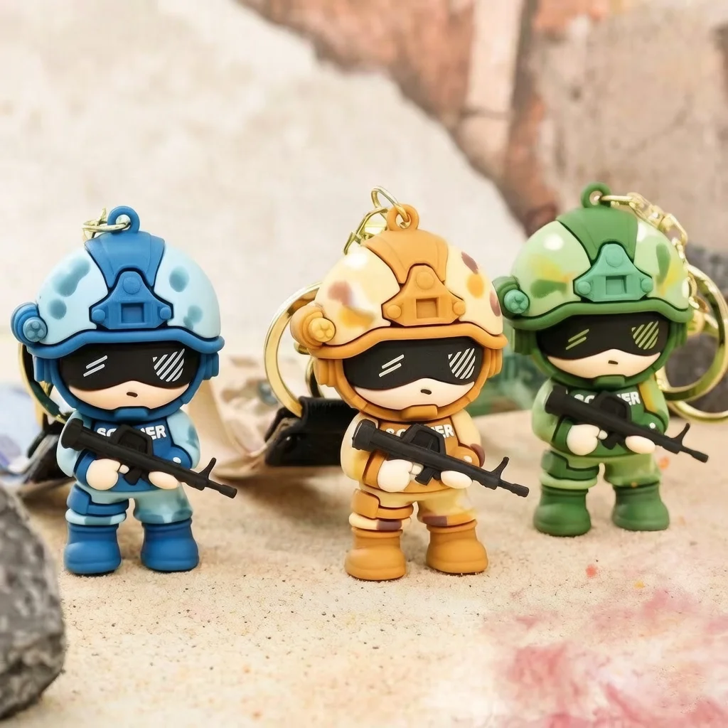 Cool Camo Special Forces Cartoon Pendant Tactical Action Figure Keyring with Lanyard Trendy Mini Soldier Dolls Keychains