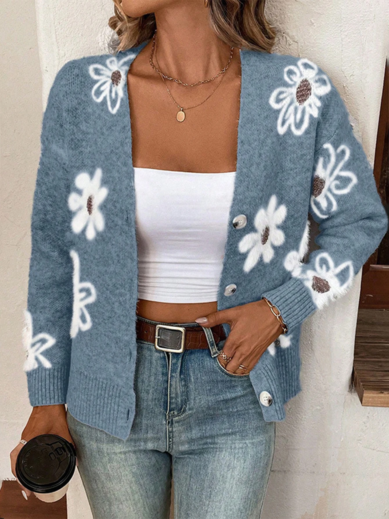 

Autumn Winter Cardigan 2025 Women's Elegant Flower Rib Knit Long Sleeve V-Neck Button Through Basics Cardigan