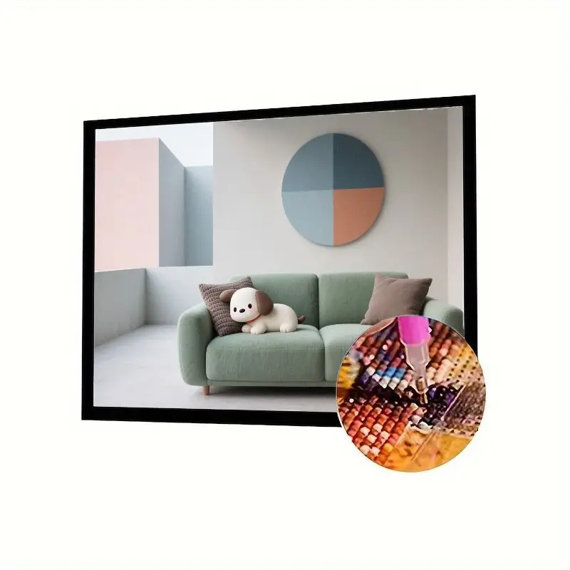 

1 шт. современный минималистичный набор для гостиной 5D алмазной живописи - полная дрель DIY Diamond Art с зеленым диваном, милым щенком и абстра