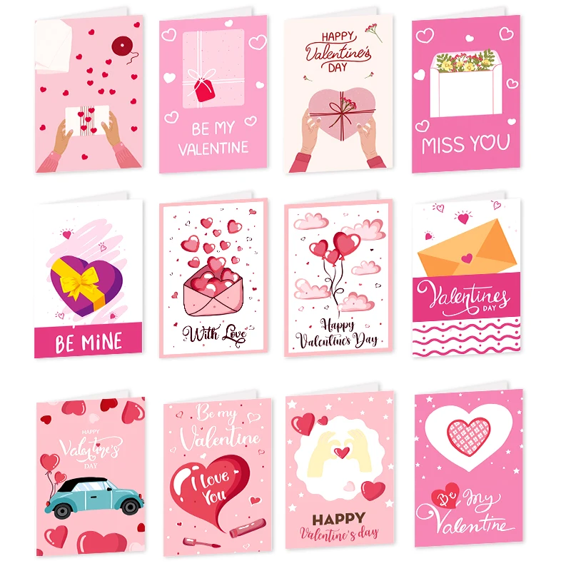 26pcs/set Valentines Day Fold Greeting Cards with Envelopes Pink love Heart Postcard DIY Gift Card Wedding Party Decorations