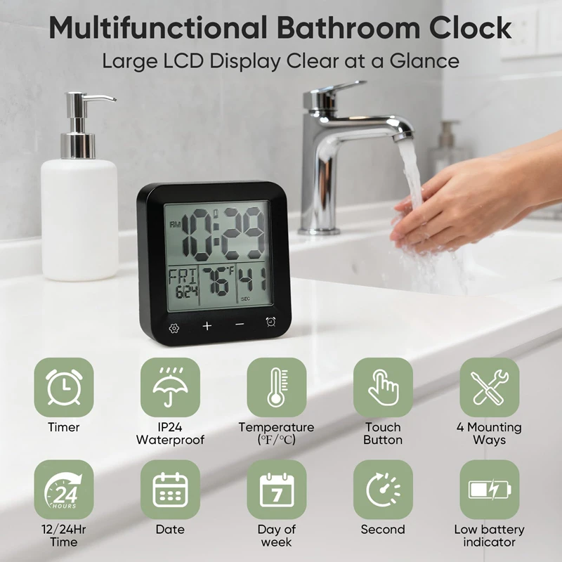 Drill-Free Waterproof Bathroom Wall Clock Splashproof And Anti-Fog with Temperature Humidity Calendar Display Easy Installation