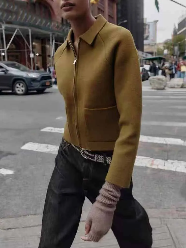 

European and American style winter new arrivals fashionable women's clothing, versatile long-sleeved zip-up knit cardigan