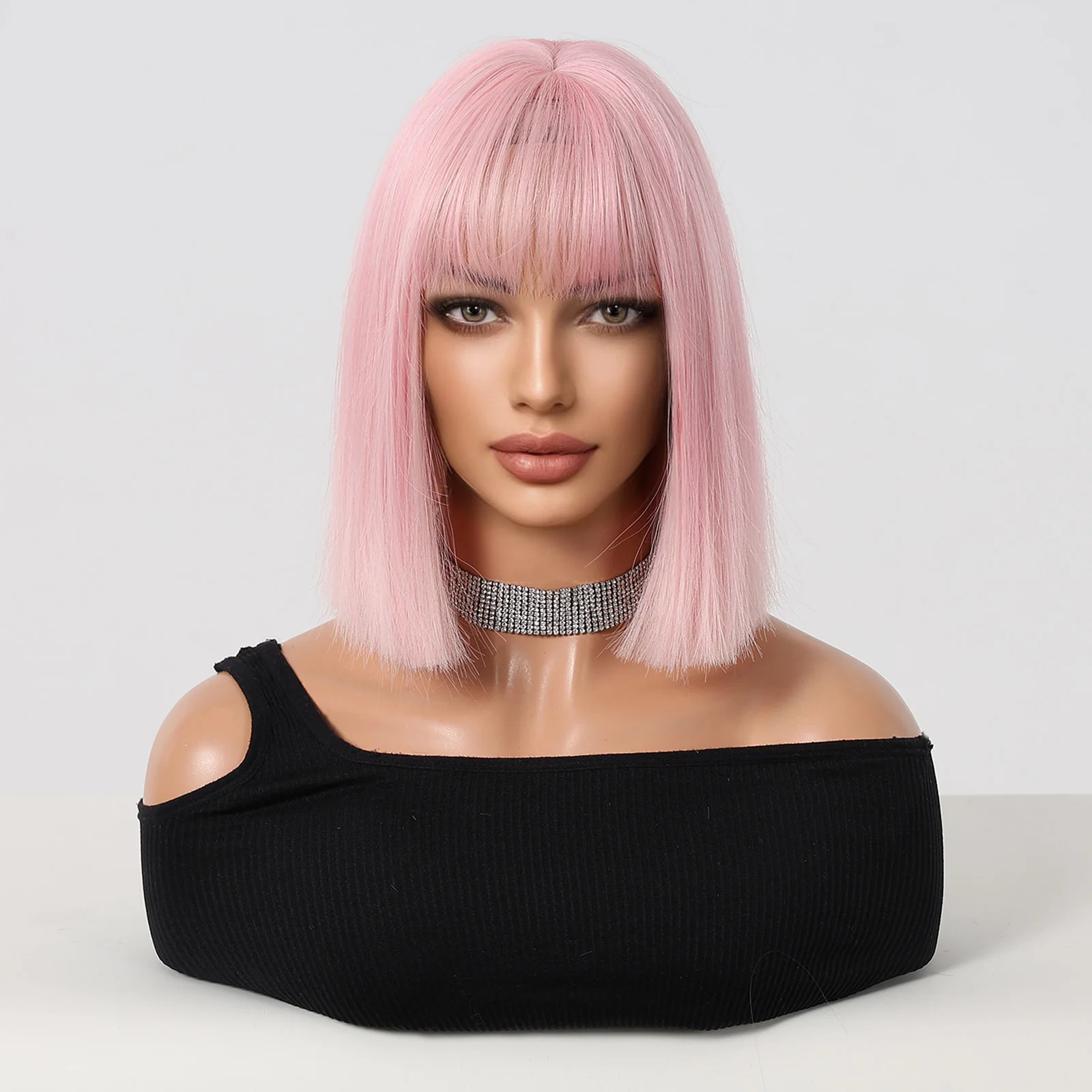 Short Pink Synthetic Wig for Women Use Bob Natural Straight Fake Hair with Bangs Party Daily Cosplay Heat Resistant Fiber